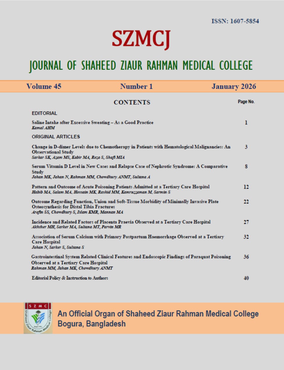 SHAHEED ZIAUR RAHMAN MEDICAL COLLEGE Journal Cover